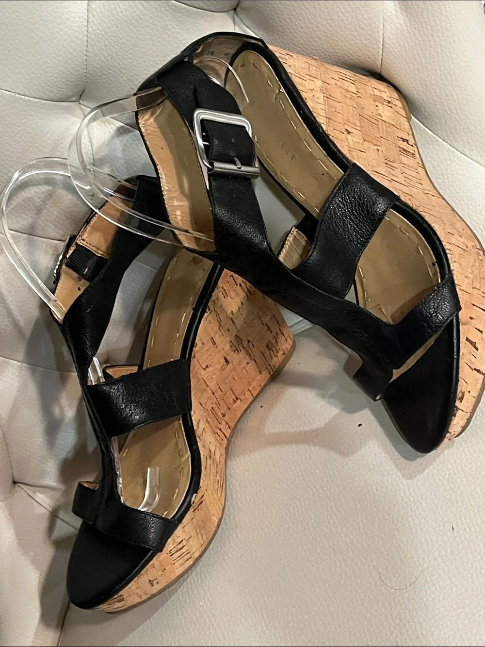 Nine West Black Leather Cork Wedge Sandals Size 8